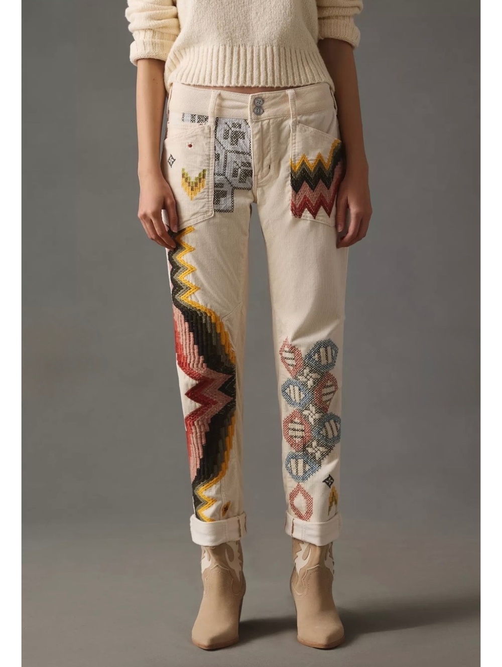 EUC Pilcro The Wanderer Low-Rise Corduroy Embroidered Patchwork Pants size 34